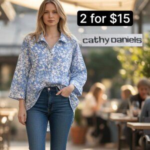 Cathy Daniels Cornflower Blue Floral Button Down Roll Sleeve Blouse